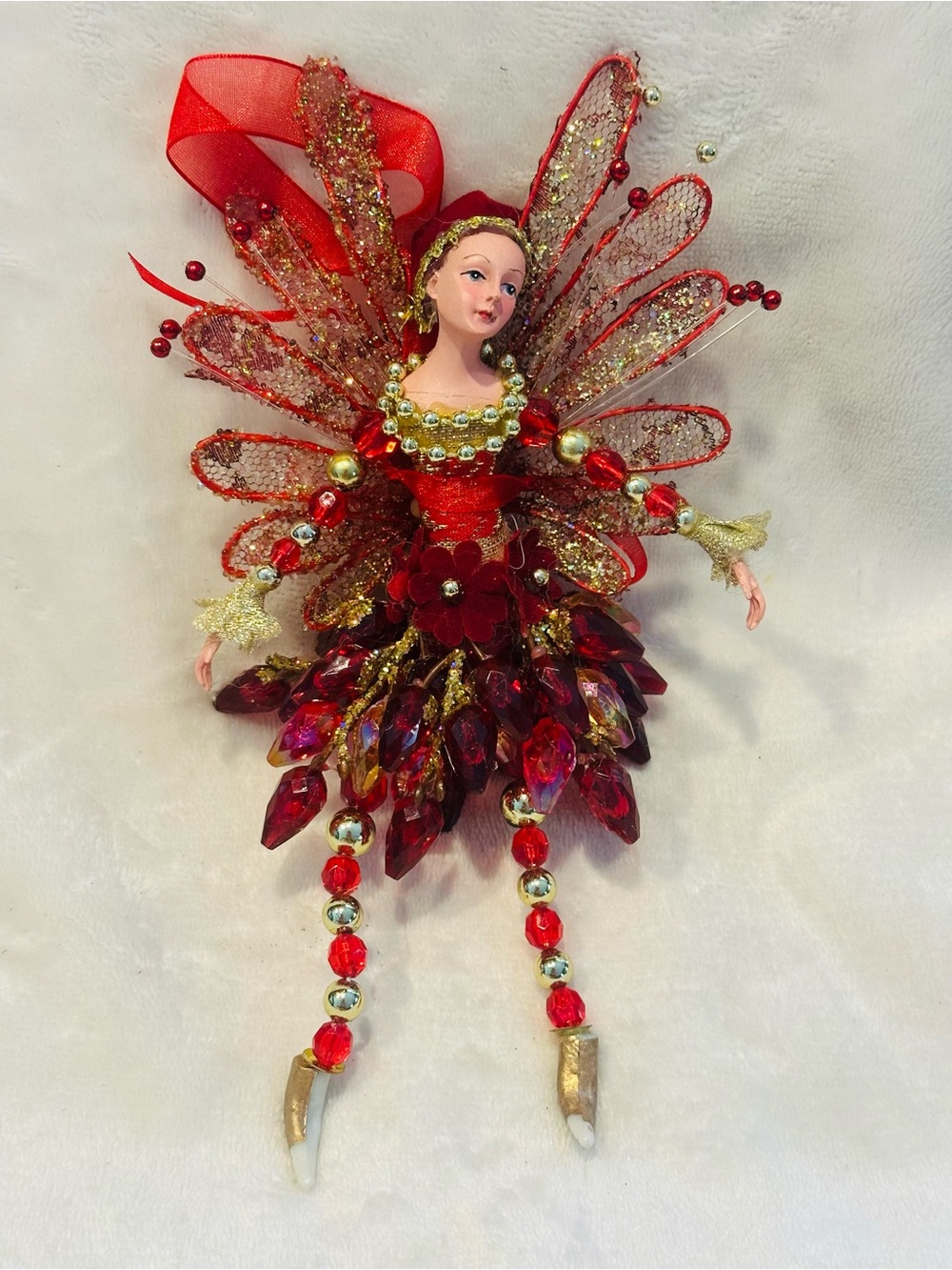 Fairy Pixie Doll Red Gold Beaded Glitter Wings Hanging Christmas Ornament 8”
